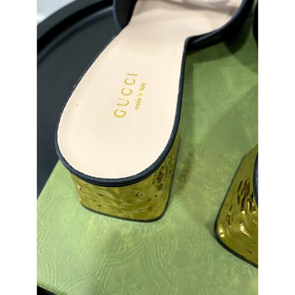 Gucci Interlocking G Cut Out Black Leather Gold Block Heel Sandal 38.5 - Picture 9 of 12